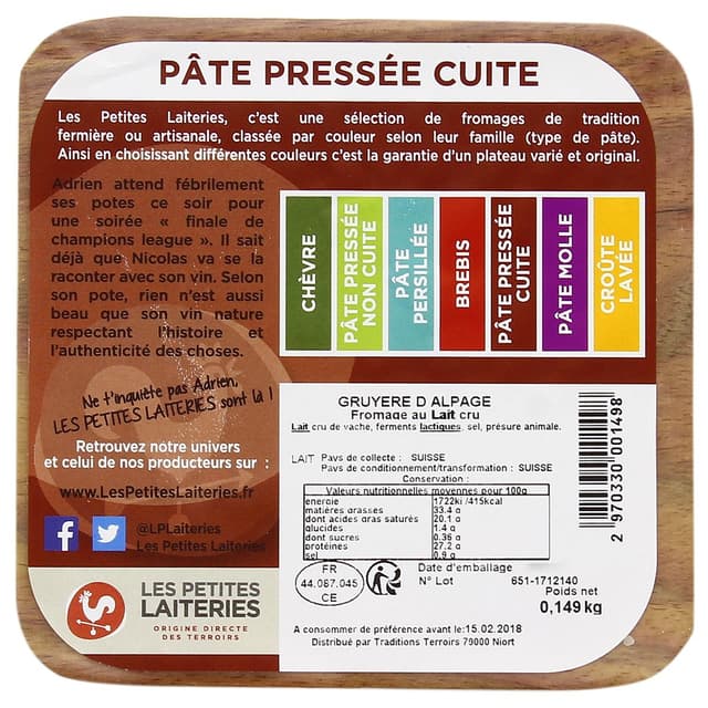  - Les Petites Laiteries - Gruyère d'Alpage AOP - Lait de vache cru