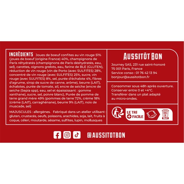 3701565400300 - Aussitôt Bon - Joue de Boeuf Confite au Vin Rouge et Purée façon Grand-Mère