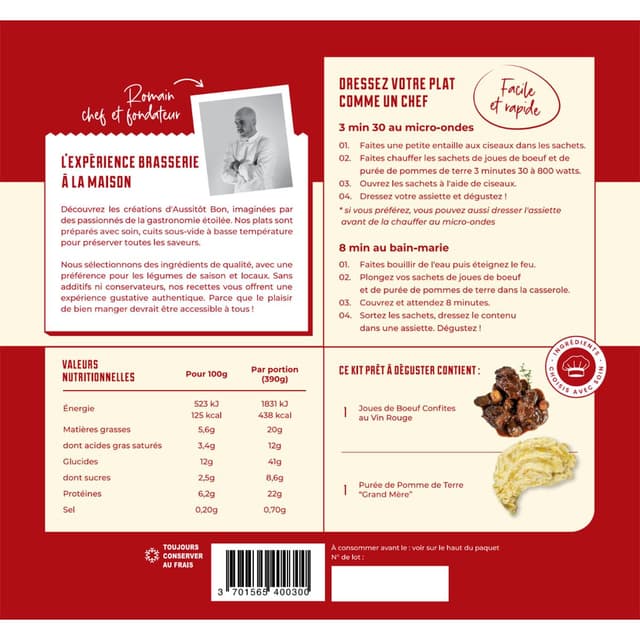 3701565400300 - Aussitôt Bon - Joue de Boeuf Confite au Vin Rouge et Purée façon Grand-Mère