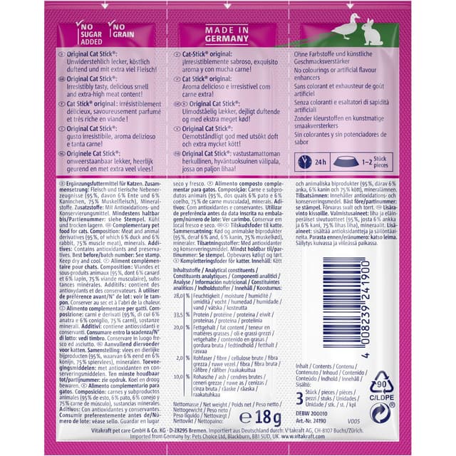 4008239241900 - Vitakraft Catstick - Bâtonnets Canard et Lapin - Friandise pour chat