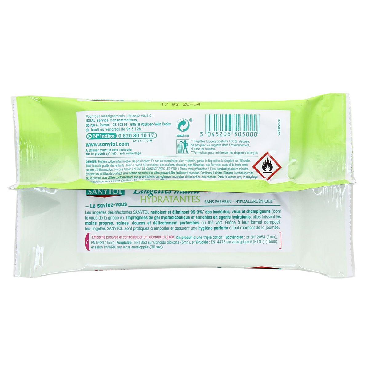 3045206505000 - Sanytol - Lingettes mains désinfectantes hydratantes au thé vert naturel