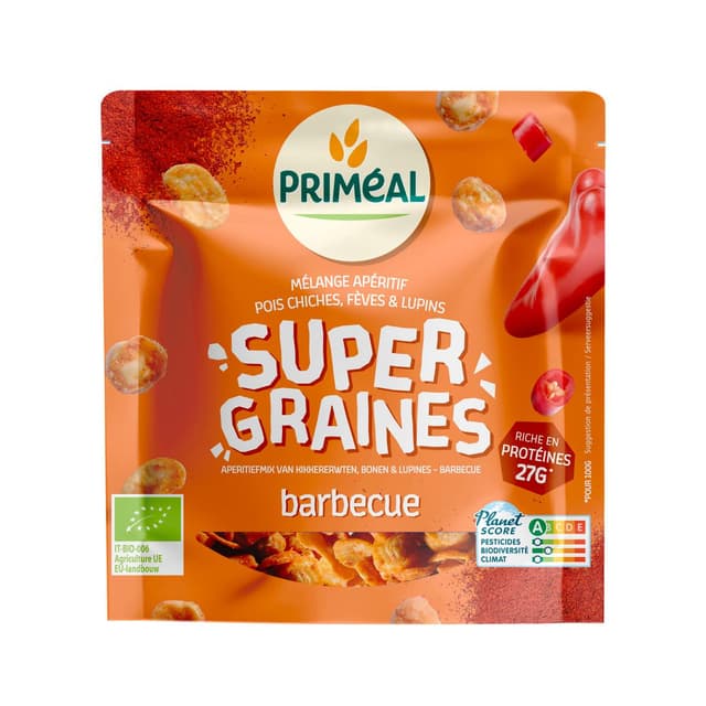 3380380115301 - Priméal - Les supers graines barbecue bio, mélange apéritif pois chiches, fèves et lupin.