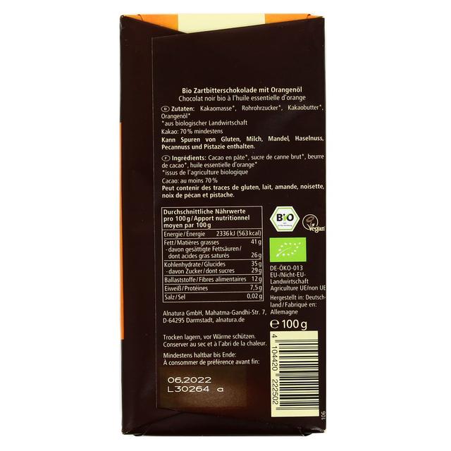 4104420222502 - Alnatura - Chocolat noir bio à l'huile essentielle d'orange Bio