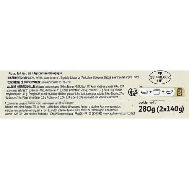 3596710399802 - Auchan BIO - Riz au lait 