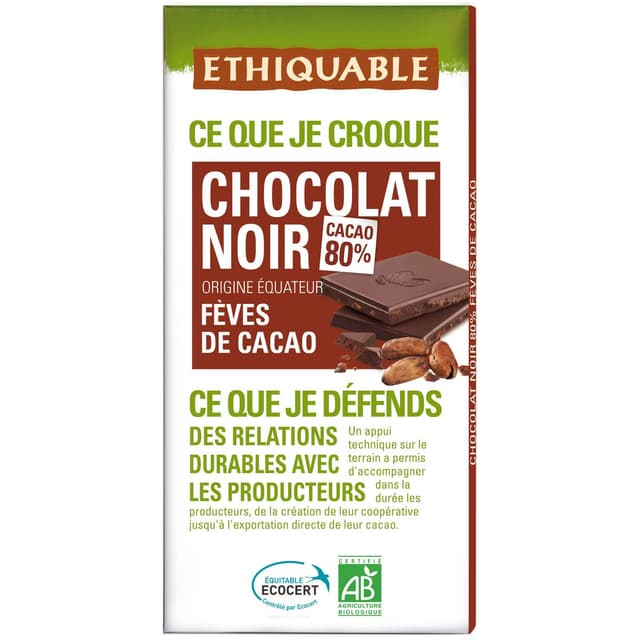 3760091720603 - Ethiquable - Commerce Equitable - Chocolat Noir Fèves de Cacao Tablette Bio