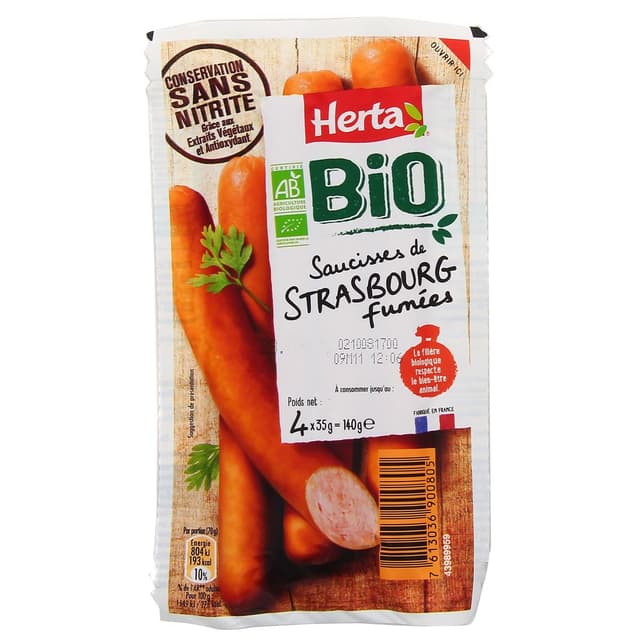 7613036900805 - Herta - Saucisses fumées de Strasbourg Bio, 140g