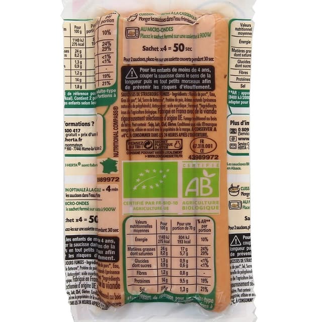 7613036900805 - Herta - Saucisses fumées de Strasbourg Bio, 140g
