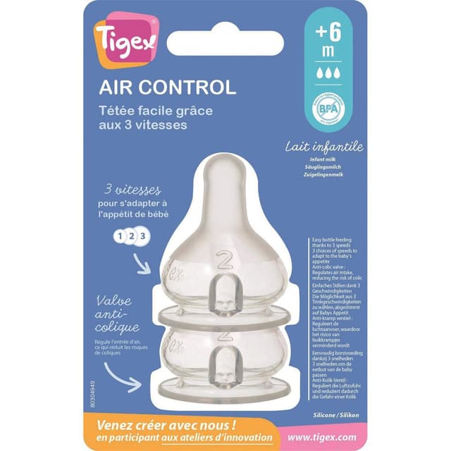 3159923342005 - Tigex - Tétines en silicone base étroite Air Control +6 mois