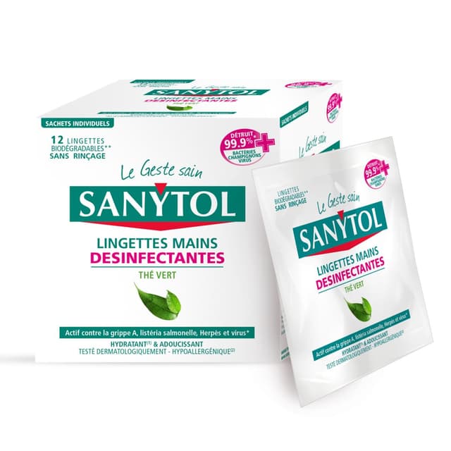 3045206506007 - Sanytol - Lingettes mains désinfectantes individuelles au thé vert