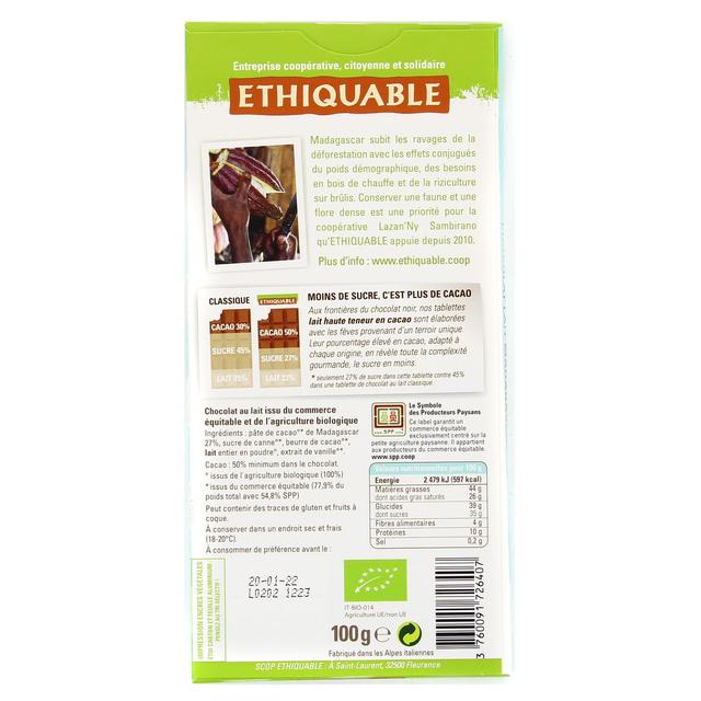 3760091726407 - Ethiquable - Commerce Equitable - Chocolat Lait 50% Cacao Bio de Madagascar