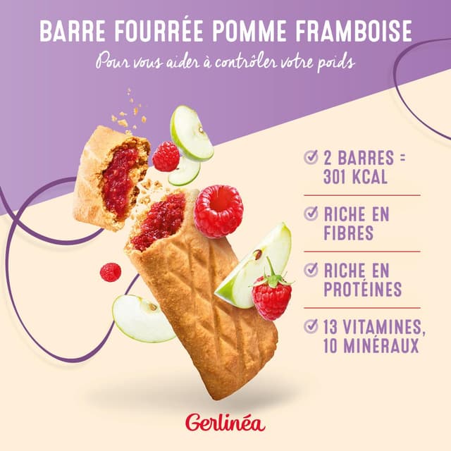 3175681779907 - Gerlinéa - 8 Barres fourrées pomme framboise -32% de sucres en moins