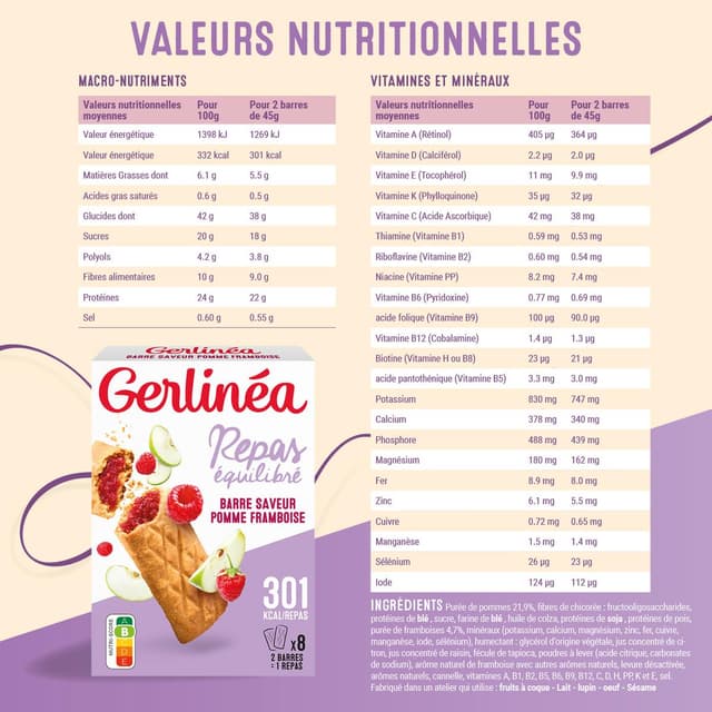 3175681779907 - Gerlinéa - 8 Barres fourrées pomme framboise -32% de sucres en moins