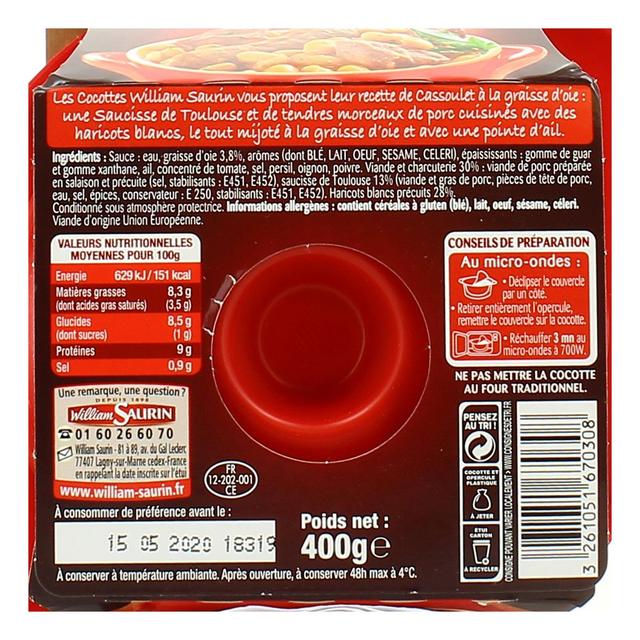 3261051670308 - William Saurin - Les cocottes Cassoulet à la graisse d'oie