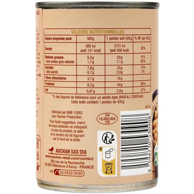 3596710530908 - Auchan - Cassoulet toulousain cuisiné à la graisse d'oie