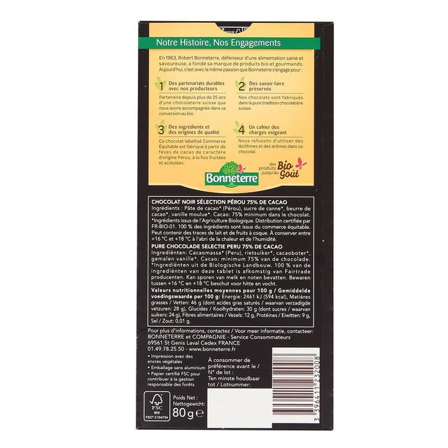 3396411232008 - Bonneterre - Chocolat noir bio Pérou 75% de cacao