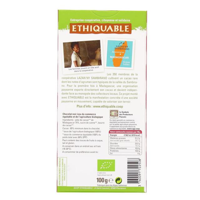 3760091722508 - Ethiquable - Commerce Equitable - Chocolat Noir 85% cacao Bio de Madagascar 