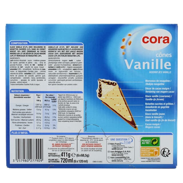 3257980277909 - Cora - 6 cônes glacés Vanille et éclats de nougatine 6x120ml