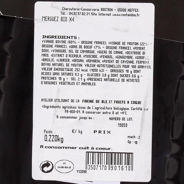 3507170901610 - Rostain - Merguez Bio Boeuf Agneau Sans Nitrite Ajouté