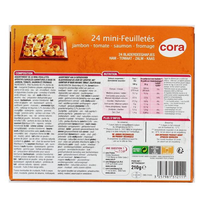 3257981312111 - Cora - 24 Minis feuilletés apéritifs- Jambon, tomate, saumon, fromage