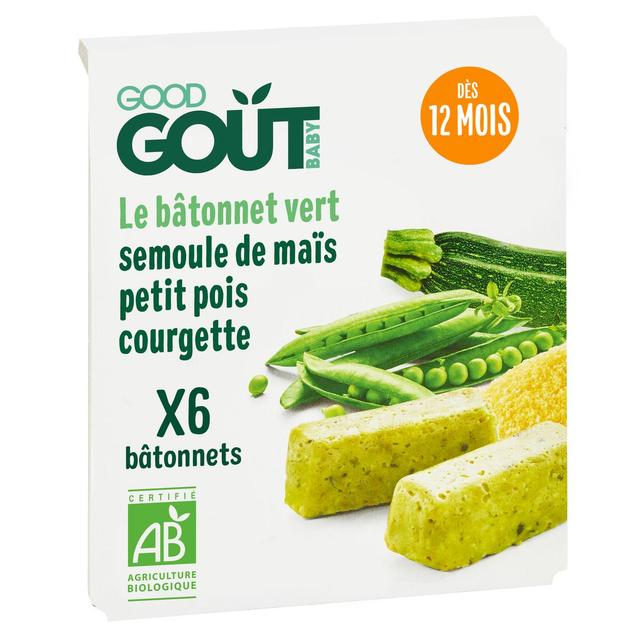3760269315211 - Good Goût - 6 Bâtonnets verts Bio- Semoule de maîs, petits pois, courgettes Bébé dès 12 mois