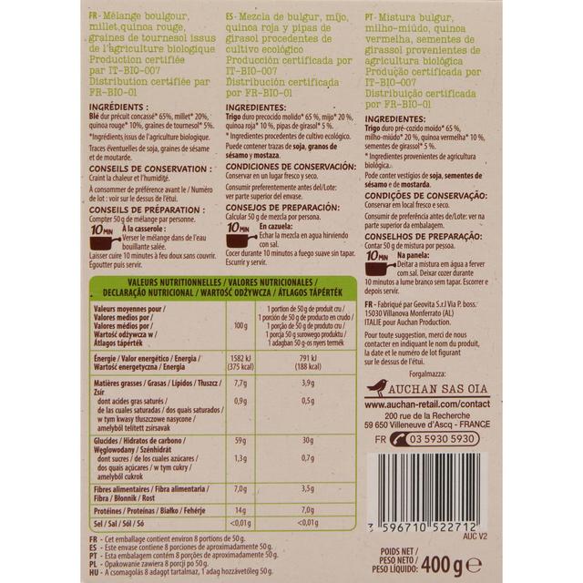 3596710522712 - Auchan BIO - Mélange boulgour millet quinoa rouge et graines de tournesol Bio