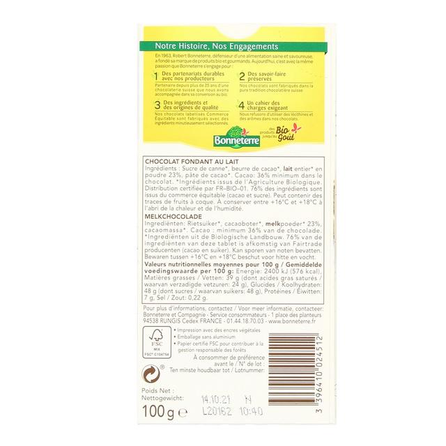 3396410024512 - Bonneterre - Chocolat fondant au lait bio