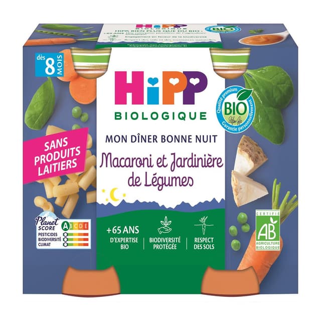 4062300432314 - Hipp - Mon Dîner Bonne Nuit - Macaroni Jardinière de Légumes Bio Pot Bébé Dès 6 mois