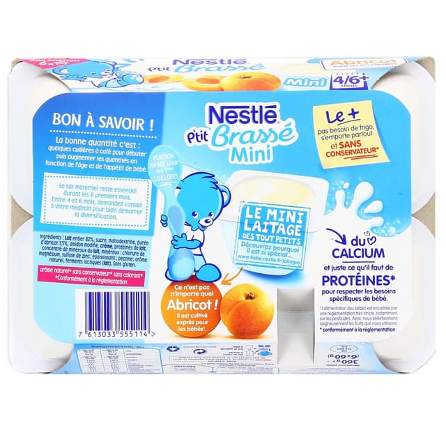 7613033555114 - Nestlé - P'tit Brassé - Mini Brassé Lacté Abricot Coupelle Bébé Dès 4/6 mois