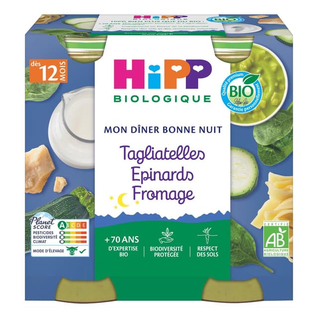 4062300087514 - Hipp - Mon Dîner Bonne Nuit - Tagliatelles Epinards Fromage Bio Pot Bébé Dès 12 mois