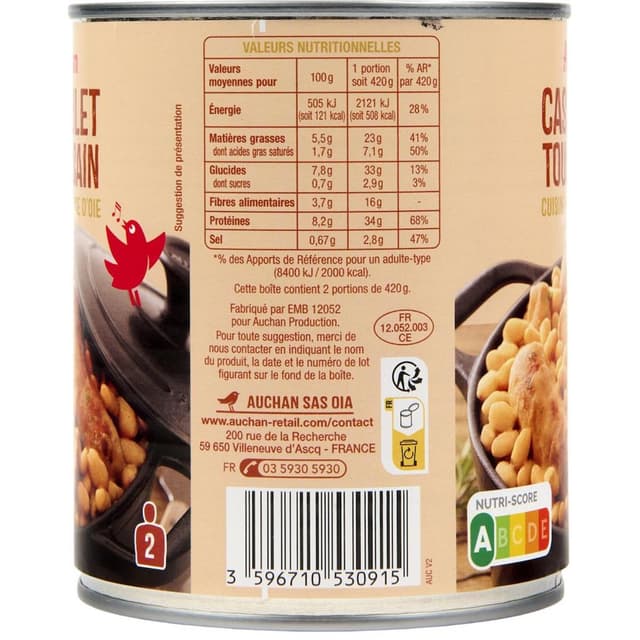 3596710530915 - Auchan - Cassoulet toulousain cuisiné à la graisse d'oie