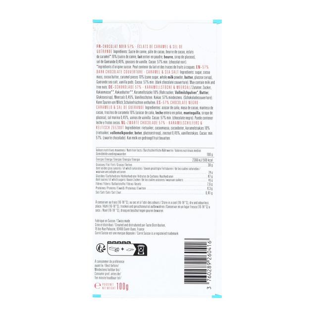 3760289260416 - Carré Suisse - Tabelette Chocolat Noir 57% Pépites de Caramel et Sel de Guérande
