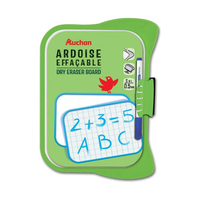 3596710830916 - Auchan - Ardoise effaçable à sec avec feutre et mini brosse