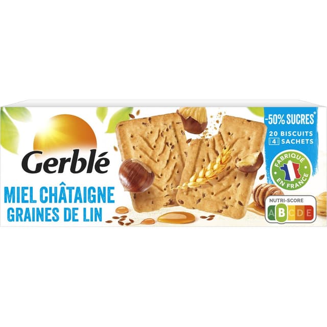 3175681072916 - Gerblé Teneur Réduite - 20 Biscuits Miel Châtaigne Graines de lin -46% de sucres en moins