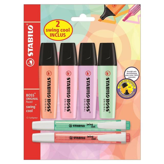 4006381519816 - Stabilo - 6 Surligneurs- 4 Boss orginal couleurs pastel assorties + 2 Swing Cool pastel