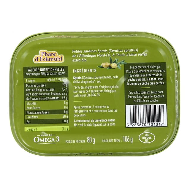3263670201017 - Phare d'Eckmuhl - Petites Sardines Sprats à huile d'olive bio 128g