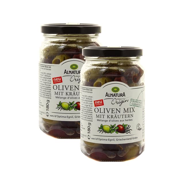 2050000419317 - Alnatura - Mélange d'Olives vertes et noires de Kalamata aux Herbes Bio sans saumure