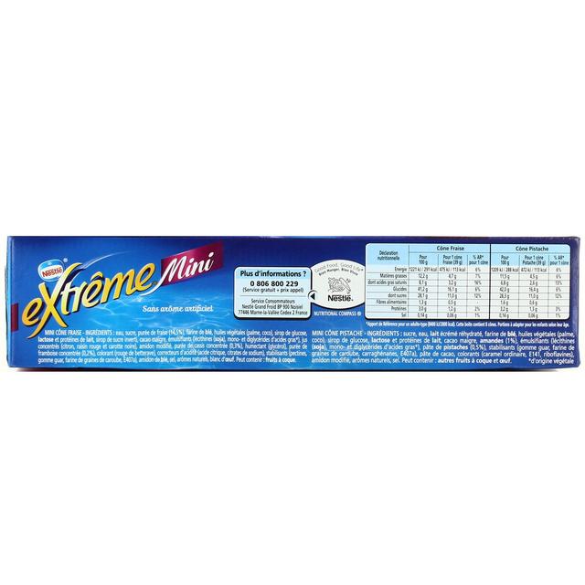 7613035870420 - Extrême Mini - 8 Mini cônes glacés fraise et éclats de meringue ou pistache et sauce chocolat