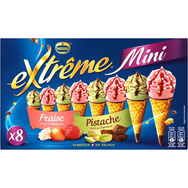 7613035870420 - Extrême Mini - 8 Mini cônes glacés fraise et éclats de meringue ou pistache et sauce chocolat