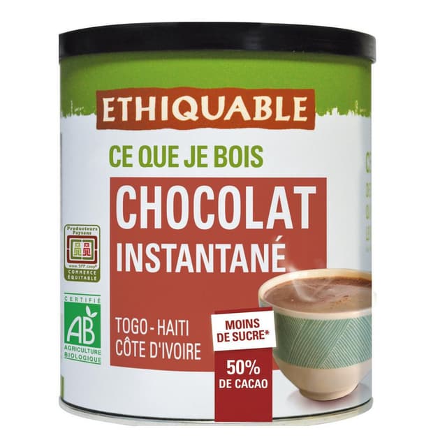 3760278866520 - Ethiquable - Commerce Equitable - Chocolat instantané en poudre 50% cacao Bio du Togo, Haïti, Côte d'Ivoire