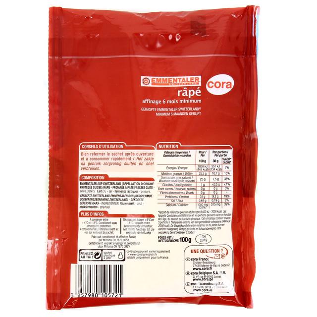3257980105721 - Cora - Emmental râpé suisse au lait cru