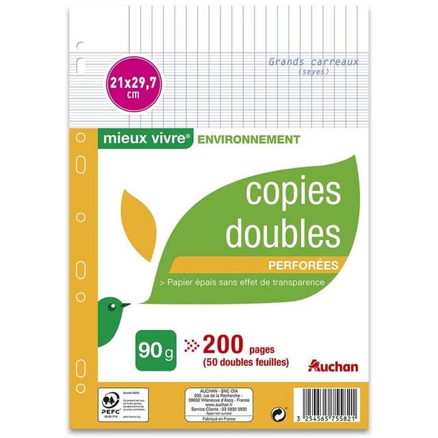 3254565755821 - Auchan - Copies doubles perforées 21x29,7cm grands carreaux
