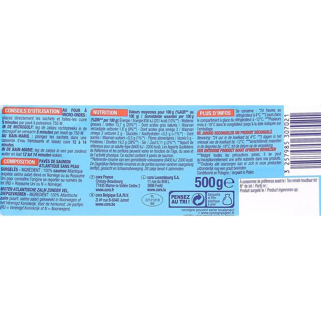 3257985307021 - Cora - 4 pavés de saumon sans arête, sans peau 4x125g