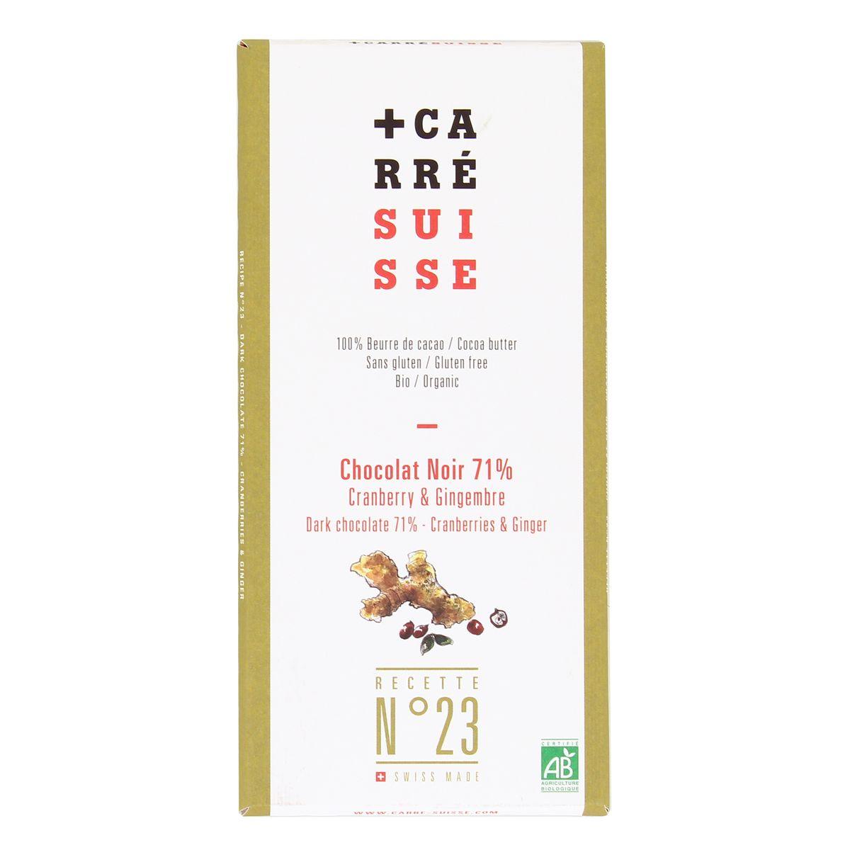3760231780122 - Carré Suisse - Chocolat Noir Bio 71% - Cranberry & Gingembre- N°23