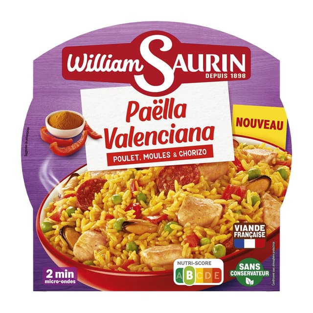 3261055956422 - William Saurin - Paëlla Valenciana Poulet Moules & Chorizo en barquette individuelle micro-ondable