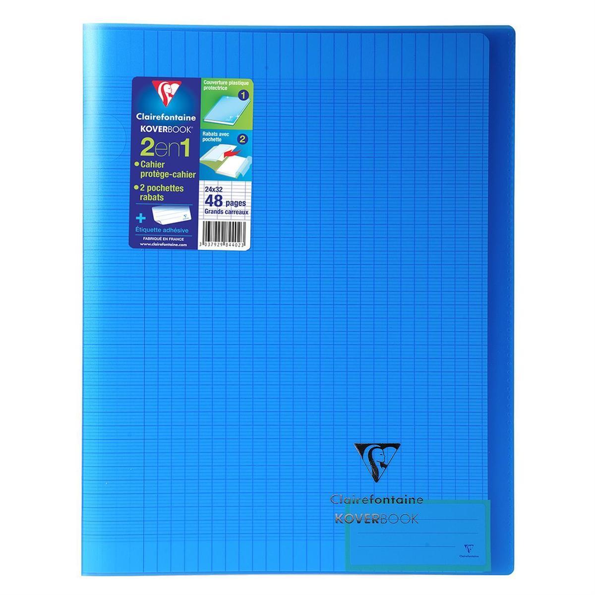 3037929844023 - Clairefontaine - Cahier Kover Book 24 x 32 cm grands carreaux bleu translucide