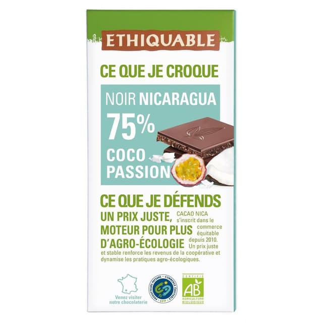 3760278868623 - Ethiquable - Commerce Equitable - Chocolat noir Cacao 75% Coco Passion Bio du Nicaragua
