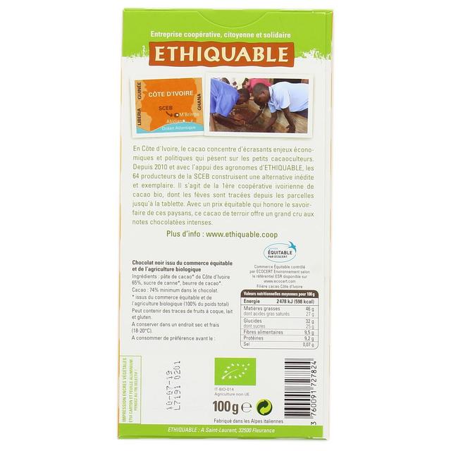 3760091727824 - Ethiquable - Commerce Equitable - Chocolat noir intense 74% cacao Bio de Côte d'Ivoire
