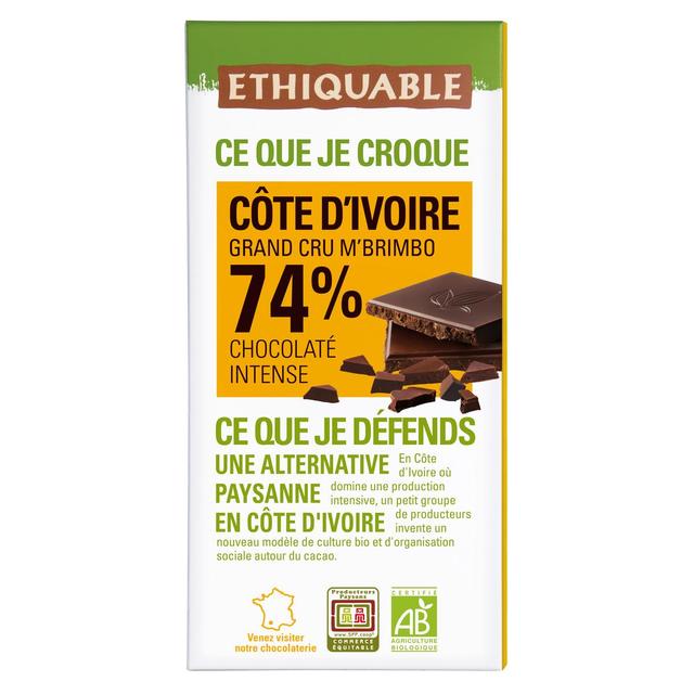 3760091727824 - Ethiquable - Commerce Equitable - Chocolat noir intense 74% cacao Bio de Côte d'Ivoire