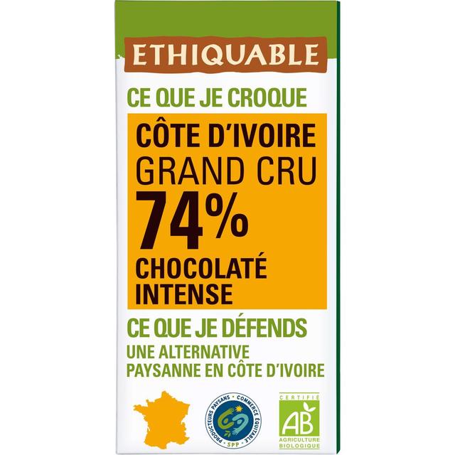 3760091727824 - Ethiquable - Commerce Equitable - Chocolat noir intense 74% cacao Bio de Côte d'Ivoire