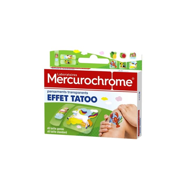 3160920501425 - Mercurochrome - Pansements Enfant Tatouage Transparent Résistant à l'Eau Anti-adhérent